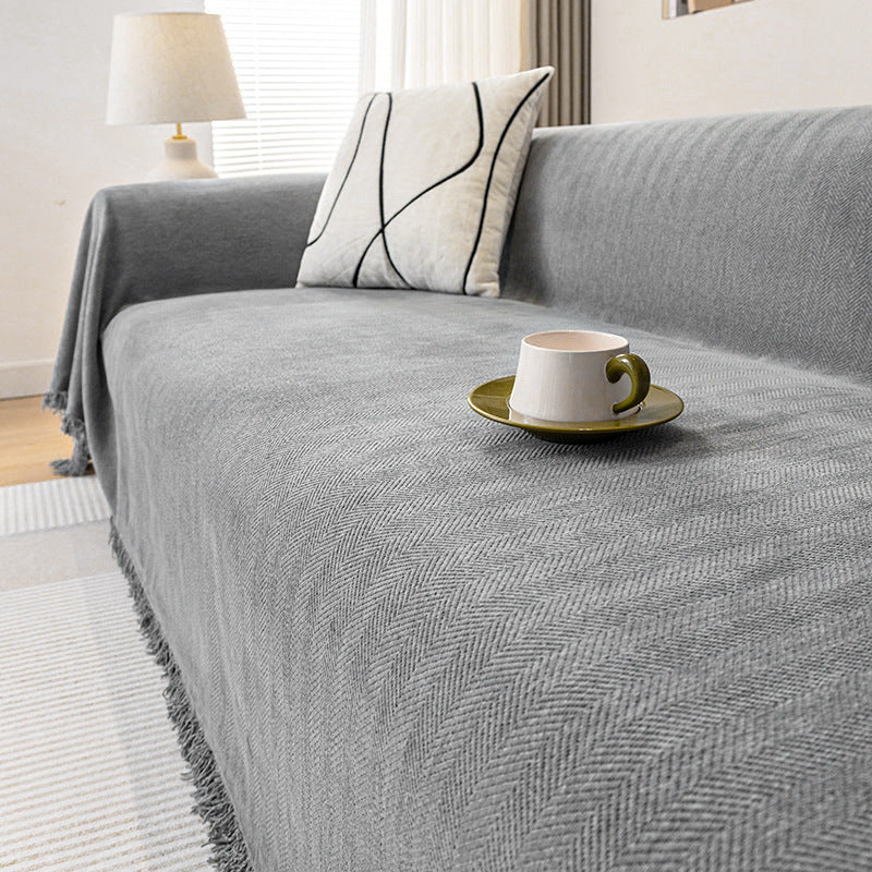 Ins Style Chenille Sofa Towel Herringbone Pattern Pure Color Sofa Cushion Skin-Friendly Anti-Wrinkle Multi-Purpose Machine Washable Sofa Cover Cloth